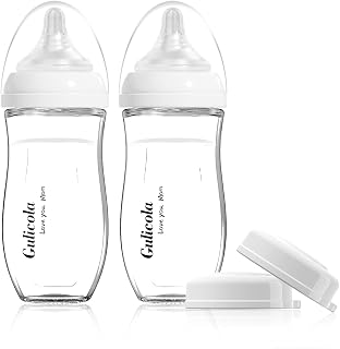 Gulicola Natural Glass Baby Bottle for Breastfed Babies, Anti-Colic Baby Bottle Set with Medium Flow Nipple, 3 Months +, 8 oz, 2 Pack - White