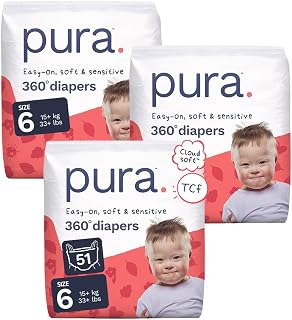 Pura 360° Stretch Diaper Pants Size 6 (33+ lbs) 51 Count | 360° Stretchy Fit, Easy Pull Up & Down, Cloud Soft for Sensitive Skin, Totally Chlorine Free*, Allergy UK Certified