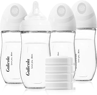 Gulicola Natural Glass Baby Bottle 8 oz for Breastfed Babies, Anti-Colic Baby Bottle Set with Medium Flow Nipple, 3 Months +, 4 Pack - White