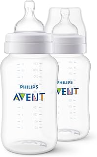 Philips Avent Anti-Colic Baby Bottle, Fast Flow 3 Nipple, 3m+, 11oz, 2 Pack, Clear, BPA-Free, SCY106/02