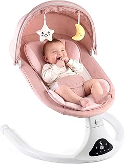 RIVIPLOU Electric Baby Swing with Remote Control - 5 Natural Motion Speeds, Detachable Seat Pad, Bluetooth Technology & Music, Portable Infant Swing for Indoor/Outdoor Use (0-12M, 20lbs, Pink)