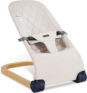 Foldable Baby Bouncer Seat,Ergonomic Bouncer Chair, 0-6 Months | 3 Height Adjustments, Baby-Powered Bouncing Motion,Washable Fabric, Portable, Include Storage Bag, ASTM Certified, Beige