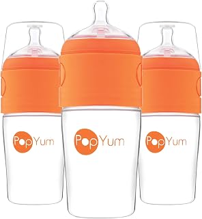 PopYum 9 oz Orange Anti-Colic Formula Making Baby Bottles, 3-Pack | Formula Making Mixing Bottle Dispenser, #2 Medium Flow Nipples, 260 ml, BPA-Free, Natural Latch
