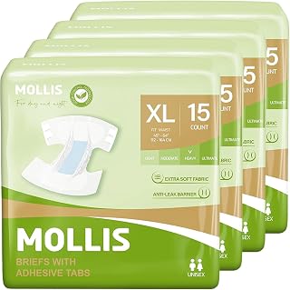 MOLLIS Disposable Adult Diapers with Tabs, Unisex, XLarge, 60 Count | Maximum Absorbency with Leakproof Protection, Odor Control, Fast Dry with Wetness Indicator for Senior Care
