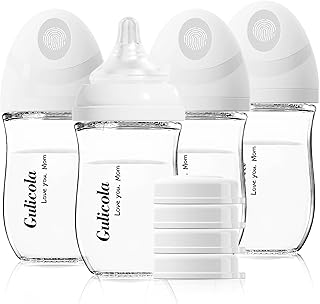 Gulicola Natural Glass Baby Bottle 4 Pack, Newborn Breastfeeding Bottles Set, Extra Slow Flow Nipples (SS), Anti Colic, 0 Months+, 5 oz - White