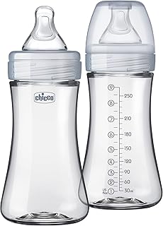 Chicco Duo Hybrid Baby Bottles, Glass Inside, Plastic Outside, 9oz, 2 Pack | Anti-colic Intui-Latch nipple, slow flow 0m+, BPA-free, made in USA, neutral color, dishwasher safe, lightweight shell