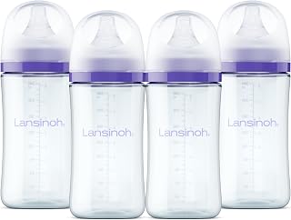 Lansinoh Glass Baby Bottles, Anti-Colic, 8 Ounces, 4 Count Bottles for Feeding, Baby Essentials, Includes 4 Medium Flow Nipples, Size M