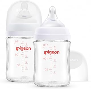 Pigeon Glass Nursing Bottle Wide Neck, Anti-Colic, Streamlined Body, Natural Feel, Easy to Clean, Heat-Resistant, 5.4 Oz (Pack of 2), Includes 2pcs SS Nipples (0m+)