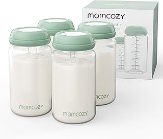 Momcozy Natural Baby Bottles, Wide-Neck, BPA Free Breast Milk Container | 11oz Extra-Large Capacity, 4pcs Storage Collection Bottles for Fridge & Milk Cooler, Breastfeeding Essential for Mom