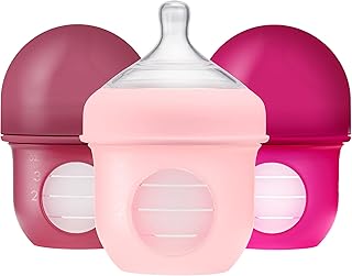 Boon Nursh Bottles - Slow Flow - Silicone Baby Bottles Help Ease Colic Symptoms - Formula and Breast Milk Only Touch Platinum Food-Safe Silicone - Pink - 0-3 Months - 3 Count - 4 Ounce
