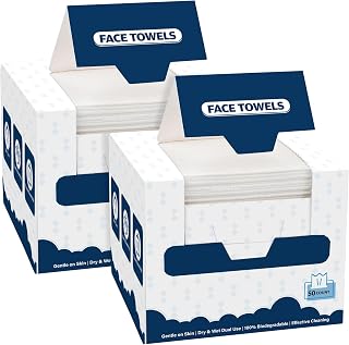 GLIMGLINT Face Towels, 100 Count (2 Box) Disposable Face Towelettes, Biodegradable Makeup Remover Dry Wipes, Super Soft Clean Facial Towels Wash Cloth for Sensitive Skin