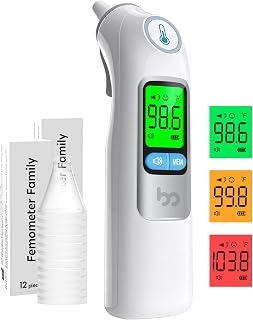 Family Ear Thermometer, Highly Accurate Ear Thermometer for Kids, Adults and Babies, 30 Memory Recall, 1s Result and 3-Color Fever Alert, with 24 Disposable Probe Covers, White