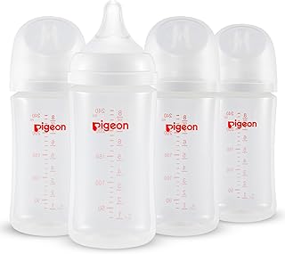 Pigeon PP Nursing Bottle Wide Neck, Anti-Colic, Streamlined Body, Natural Feel, Easy to Clean, 8.1 Oz(Pack of 4), Includes 4pcs M Nipples (3m+)