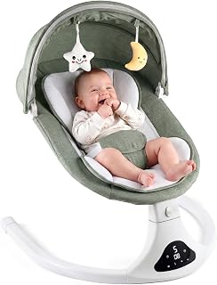Electric Baby Swing with Remote Control - 5 Natural Motion Speeds, Detachable Seat Pad | Portable Infant Swing for Indoor/Outdoor Use (0-12M, 20lbs)(Green)