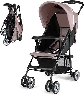 Baby Joy Lightweight Stroller, Compact Toddler Travel Stroller for Airplane, Infant Stroller w/Adjustable Backrest/Footrest/Canopy, 5-Point Harness, Storage Basket, Easy One-Hand Fold, Coffee