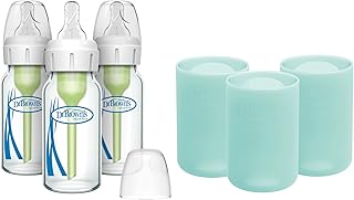 Dr. Brown's Anti-Colic Options+ Narrow Glass Baby Bottles 4 oz/120 mL, with Level 1 Slow Flow Nipple, 3 Pack 0m+ with Mint 100% Silicone Sleeves, BPA-Free