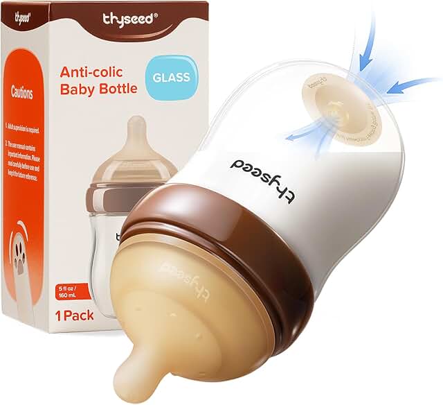 Thyseed Anti-Colic Glass Baby Bottle for Breastfed Infants, Natural Feeding, Breast-Like Newborn Extra Slow Flow Nipple (0m+), 5 oz, 1 Pack