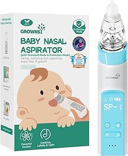 GROWNSY Nasal Aspirator for Baby with Protection Mode, Electric Nose Suction for Baby, Automatic Baby Nose Sucker with 3 Silicone Tips, Adjustable Suction Level, Music and Light Soothing Function