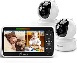 iFamily 5"Split Screen Baby Monitor with 2 Cameras and Audio n Night Vision | Large Display Video Baby Monitor, Long Range, Remote pan tilt, Temperature, 2 Way Talk,Feeding Clock, lullabies