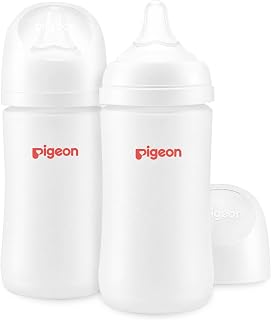 Pigeon Silicone Coating (Glass Inside/Silicone Outside) Baby Bottle, Wide Neck, Streamlined Body, Natural Feel, Easy to Clean, Heat-Resistant, 8 Oz (Pack of 2), Includes 2 pcs M Nipples (3m+)