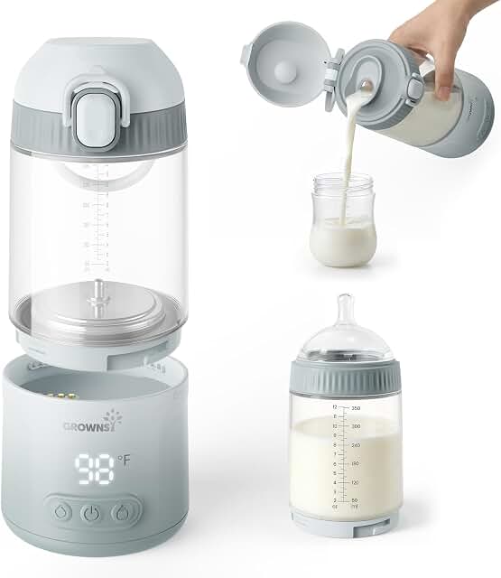 Grownsy All-in-One Detachable Portable Baby Bottle Warmer for Travel | Fast Even Heat, On-the-Go Milk Warmer with Nipple for Direct Feeding, Dual Heat Modes, Long Battery, Shatterproof Non-Glass