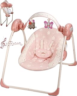 Baby Swings for Infants, Tiny Marvels Foldable Swing with Music,0-9M, 20lbs | Five swing speeds, dual power supply, five-point harness, auto shutoff timer, sensory toy bar