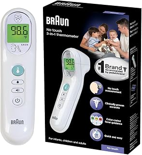 Braun No Touch 3-in-1 Thermometer for Adults, Kids, Babies, Measure Forehead, Liquid, Food Temps, Adult & Baby Thermometer, Professional Accuracy, Color Coded Fever Guidance