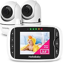HelloBaby Baby Monitor with 2 Cameras and Audio, No WiFi, 3.2" Screen | Infrared Night Vision, Remote Pan/Tilt/Zoom Camera, ECO Mode, 2-Way Talk, 1000ft Range, 8 Lullabies, Temperature Display