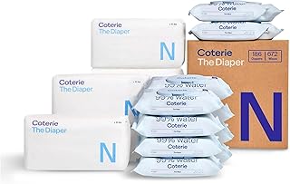 Coterie Baby Wipes + Diapers Kit, Size Newborn Diapers, 12-Pack Wipes | Includes Newborn diapers (186 ct), 12 pk (672 ct) wipes, 99% water, plant based, hypoallergenic for sensitive skin