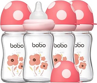 YOHKOH Natural Glass Baby Bottle with Level 1 Slow Flow Nipple, Newborn Anti-Colic Baby Bottles, Wide Neck Mushroom Baby Glass Bottle ((5.4oz (Pack of 4), Red-1)