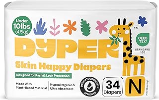 DYPER - Newborn Diapers Size 0 (34Count) - Plant Based Disposable Diapers for Day and Overnight Premium Leak Protection, Skin-Friendly Comfort with Soft Baby Diapers (Under 10 lbs)