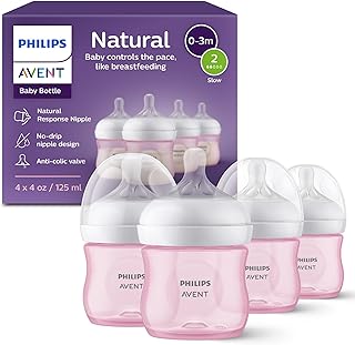 Philips Avent Natural Baby Bottles with Natural Response Nipples (Slow Flow, Flow 2), 4oz, Pink, 4-Pack, SCY900/14