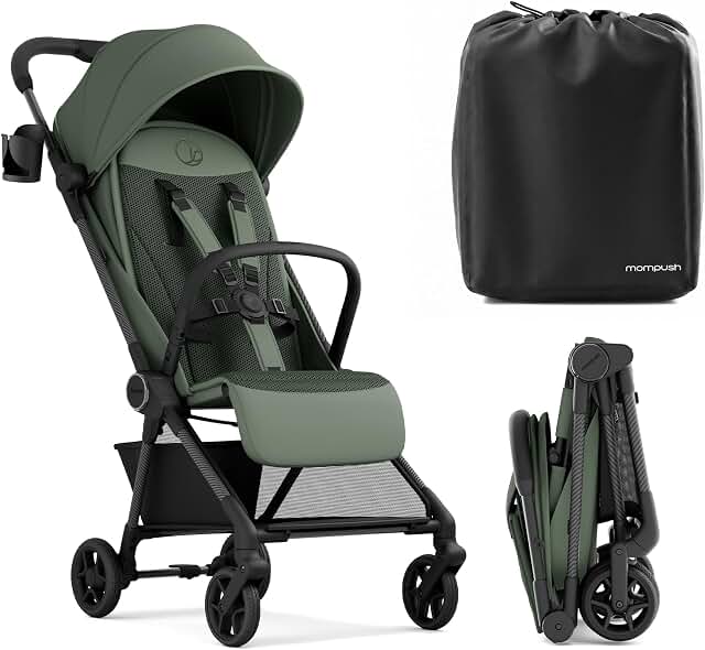 Mompush Nexis Carbon Fiber Lightweight Travel Stroller, Carry-On, Forest | Lightweight travel stroller for airplane, compact auto-fold, one-hand recline, XL basket, cup holder, rain cover included