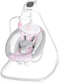 Ingenuity SimpleComfort Lightweight Compact 6-Speed Multi-Direction Baby Swing, Vibrations & Nature Sounds, 0-9 Months 6-20 lbs (Pink Cassidy) | Compact & Portable, Hands Free Soothing for Fussy Babies, Vibrations & USB Power for Newborns, 6-20 lbs