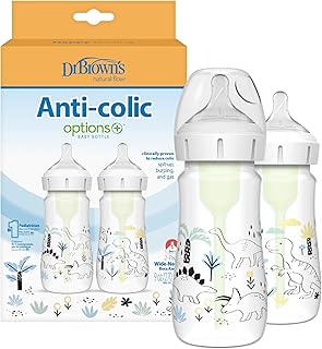 Dr. Brown's Anti-Colic Options + Wide-Neck Baby Bottle Designer Edition Dino Decos, 9oz/270mL, Level 1 Slow Flow Nipple, BPA-Free, 0m+, 2-Pack