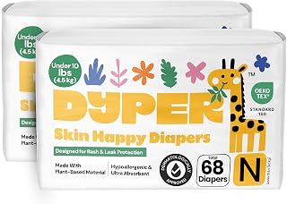 DYPER -Pack of 2 Newborn Baby Diapers Leak Proof Plant Based Hypoallergenic & Ultra Absorbent Disposable Diaper for Day & Overnight Skin-Friendly Comfort | Soft Newborn Diapers (Under 10lbs)