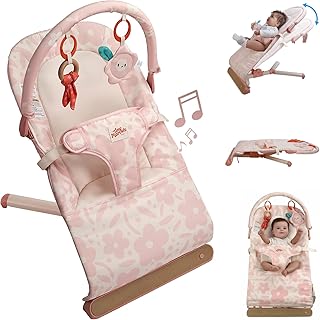 Tiny Marvels Portable Foldable Baby Bouncer with Ergonomic & Music, 0-12M | BPA-Free, 3-Point Safety Harness, Machine Washable Seat Cushion, for Home Use & Busy Time, Up to 20 lbs, Pink Floral