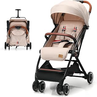 BABY JOY Lightweight Baby Stroller, Compact Toddler Travel Stroller for Airplane, Infant Stroller w/ 5-Point Harness, Adjustable Backrest/Footrest/Canopy, Storage Basket, Easy One-Hand Fold, Beige