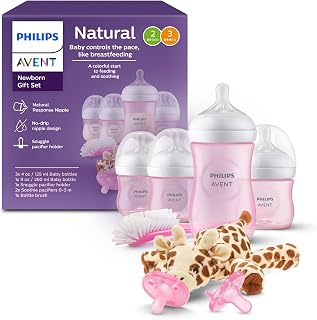 Philips Avent Natural Response Baby Gift Set - 3X 4oz Pink Bottles with Slow Flow Nipples (Flow 2), 1x 9oz Pink Bottle with Medium Flow Nipples (Flow 3), 2X Soothie Pacifiers 0-3m, SCD838/03