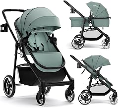 INFANS 2 in 1 Baby Stroller, High Landscape Infant Stroller & Reversible Bassinet Pram, Foldable Pushchair with Adjustable Canopy, Cup Holder, Storage Basket, Suspension Wheels (Green)