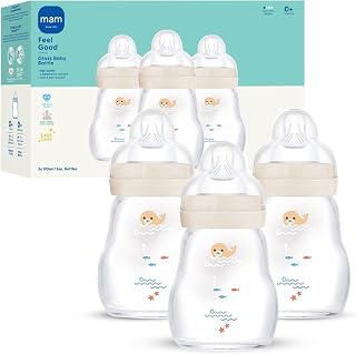 MAM 6oz Pure Glass Feel Good Anti-Colic 0+ Months Baby Bottle, 3 Pk, Unisex | Slow Flow Skin Soft Silicone Nipple, Easy to Clean, BPA Free, Easy Switch Between Breast & Bottle, Made In Europe