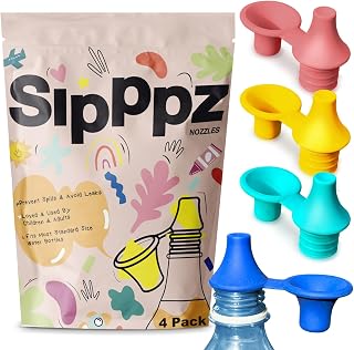 [4 Pack] Sipppz Nozzles - No Spill Silicone Bottle Top Spout - Soft, Flexible Silicone - Blue, Green, Yellow, Pink - Fit Most Standard Bottles - BPA-Free, Latex-Free, Lead-Free
