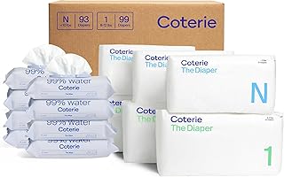 Coterie Baby Wipes + Diapers Kit, Size NB & Size 1 Diapers, 8-Pack Wipes | Includes Size 1 (99 ct), Newborn (93 ct), 8 pack (448 ct) wipes, 99% water, plant based, hypoallergenic for sensitive skin