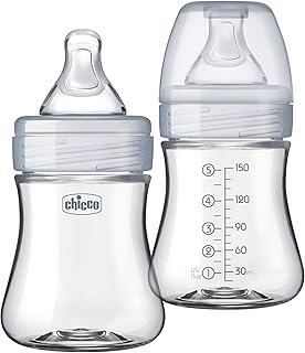 Chicco Duo Hybrid Baby Bottles, Glass Inside, Plastic Outside, 5oz, 2 Pack | Anti-colic Intui-Latch nipple, slow flow 0m+, BPA-free, made in USA, neutral color, dishwasher safe, lightweight shell