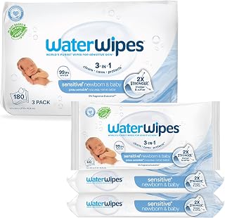 Sensitive+ Newborn & Baby Wipes, 3-In-1 Cleans, Cares, Protects, 99.9% Water, Unscented & Hypoallergenic, 180 Count (3 Packs)