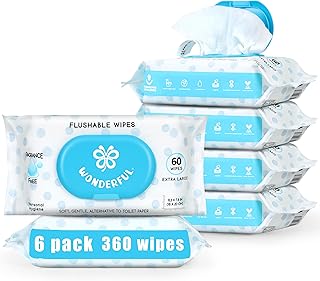 Flushable Wipes, Unscented 100% Plant-Based Wet Butt Wipe for Adults & Kids, Sewer Septic Safe, Gentle for Sensitive Skin, Wipes Flushable Pack for Bathroom & Travel, 6-Pack (360 Count)