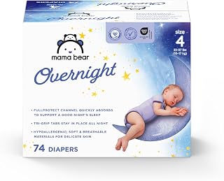 Amazon Brand - Mama Bear Overnight Baby Diapers with Leak Protection, Fragrance-Free, Size 4, 74 Count, Nighttime Protection, Leakproof with Leak Guards