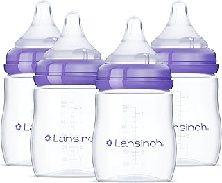 Lansinoh Anti-Colic Baby Bottles, BPA-Free Plastic, 5 Ounces, 4 Count, Slow Flow Nipples (Size S), Breastfeeding Bottle with NaturalWave Design