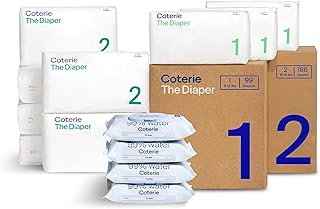 Coterie Baby Wipes + Diapers Kit, Size 1 & Size 2 Diapers, 4-Pack Wipes | Includes Size 1 (99 ct), Size 2 (186 ct), 4 pack (224 ct) wipes, 99% water, plant based, hypoallergenic for sensitive skin
