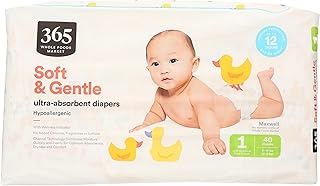 365 by Whole Foods Market, Soft & Gentle Size 1 Diapers with Wetness Indicator, Ultra-Absorbent, Hypo-Allergenic, Ultra-Absorbent, 40 Count